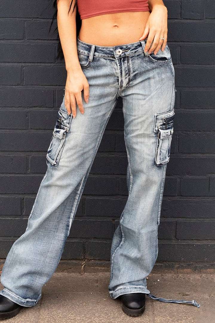 90s Vintage Flap Pocket Low Waist Straight Cargo Jeans gallery 3