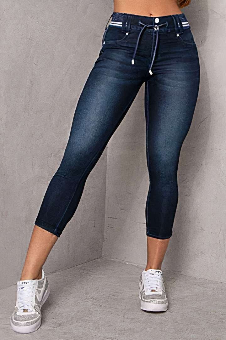 Capri-jeans met dubbele knoopsluiting en trekkoord met middentaille Foto 1