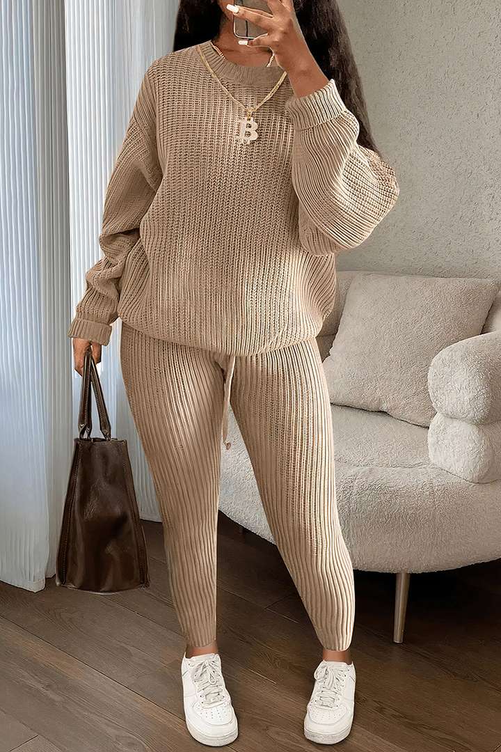 Solid Chunky Knit Drop Shoulder Sweater & Drawstring Pants Set gallery 1