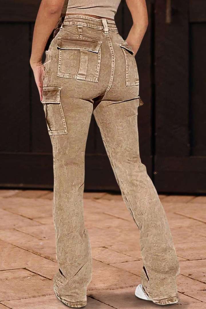 Wash Flap Pocket High Rise Flare Cargo Pants