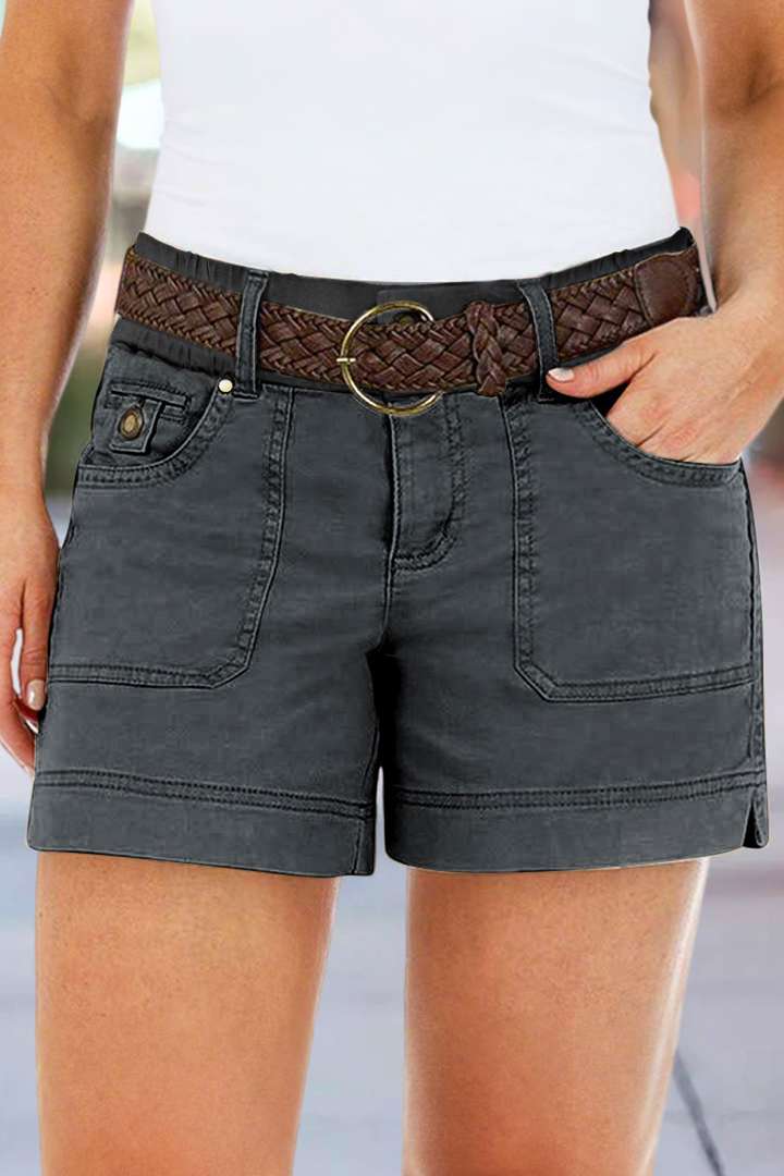 Solid Split Side Flap Pocket Shorts Without Belt gallery 1
