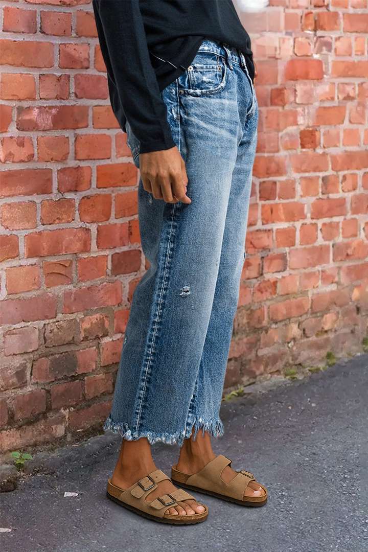 Wash Raw Hem Ripped Mid Rise Barrel Leg Jeans