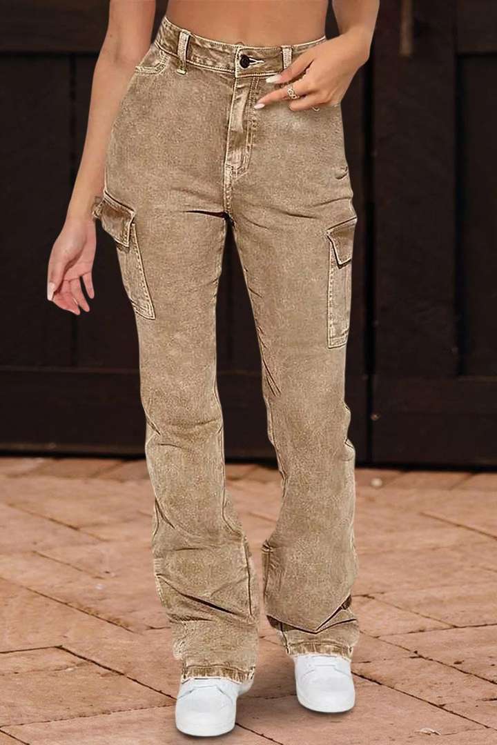 Wash Flap Pocket High Rise Flare Cargo Pants