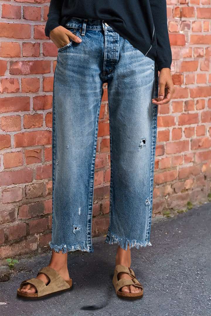 Wash Raw Hem Ripped Mid Rise Barrel Leg Jeans