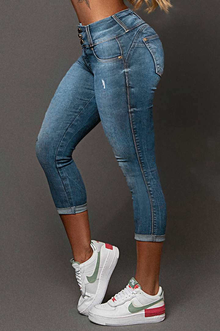 Mid Rise Ripped Button Up Skinny Capri Jeans Gallery 1
