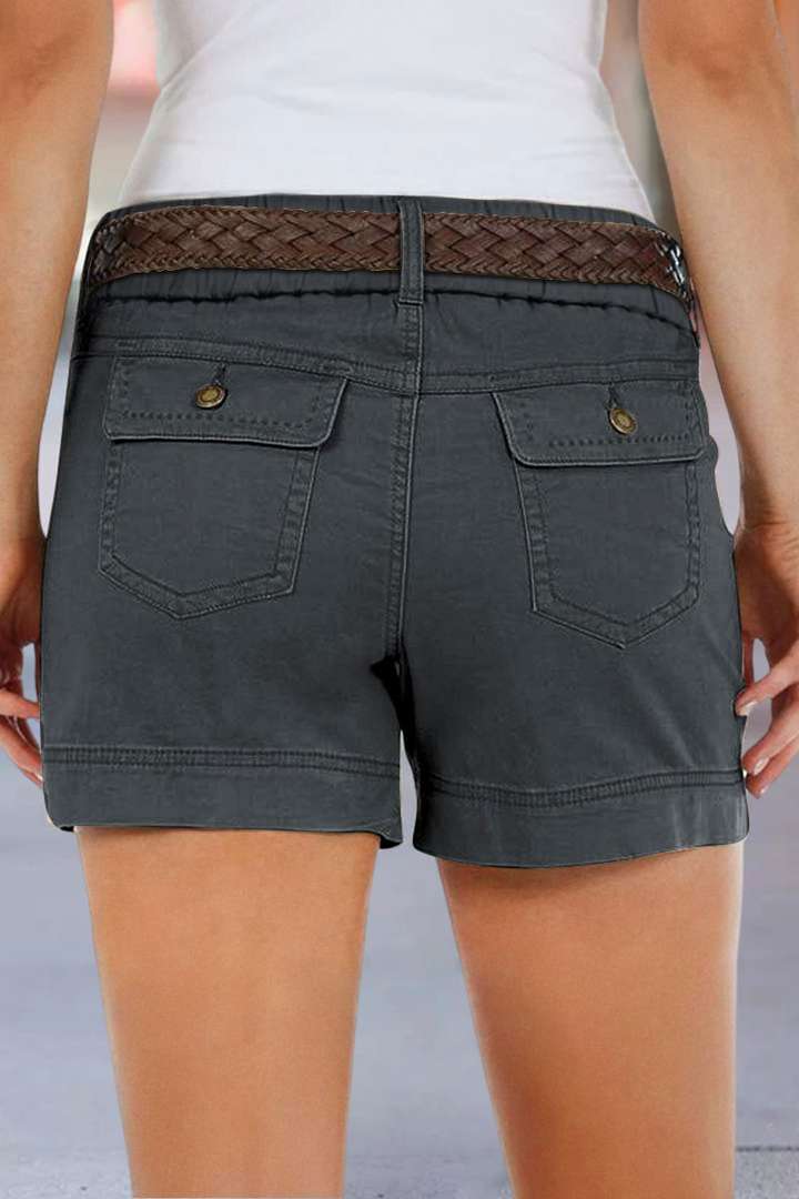Solid Split Side Flap Pocket Shorts Without Belt gallery 3