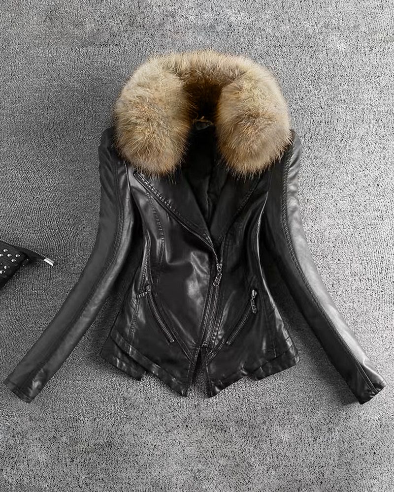 PU Leather Zip Up Detachable Faux Fur Collar Split Hem Moto Jacket gallery 1