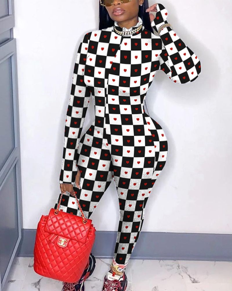 Checkered Heart Print Thumb Holes Jumpsuit Without Chain gallery 1