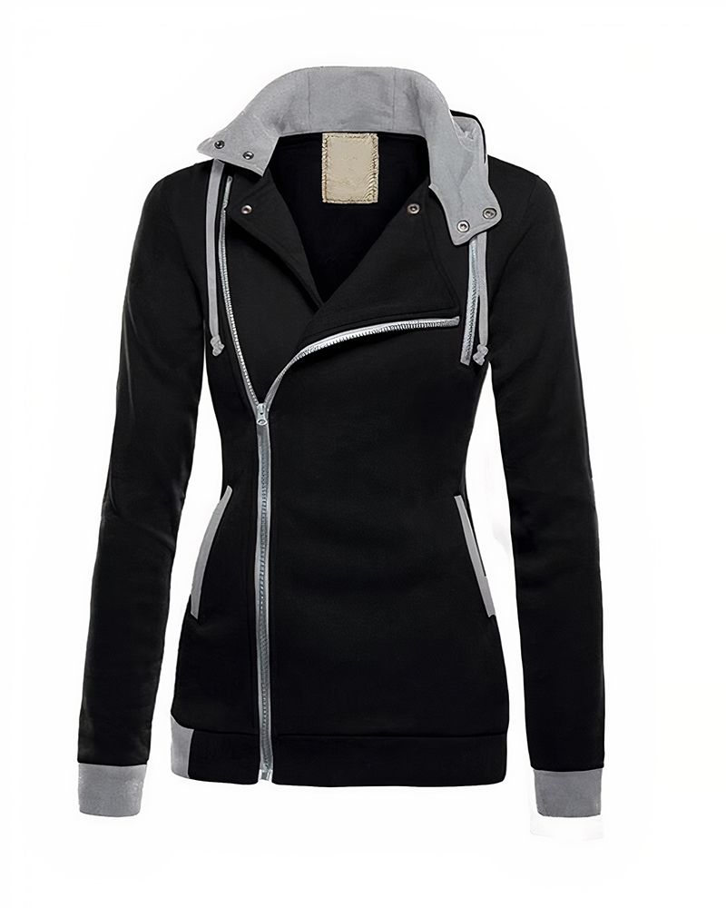 Contrast Trim Zip Up Snap Button Drawstring Hoodie gallery 1