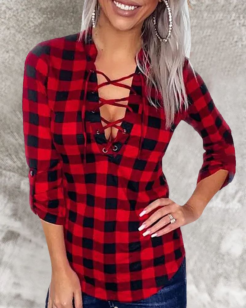 Plaid Print Lace Up Front Rolled Cuff Blouse gallery 1