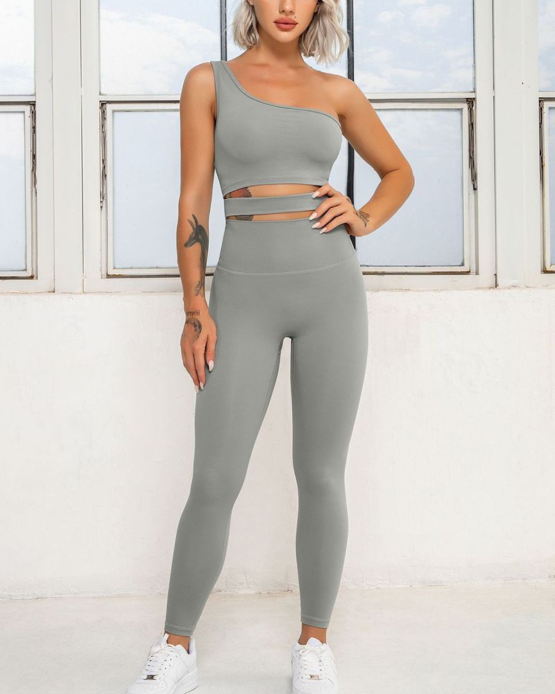 Solid Cut Out One Shoulder Sports Bra & Wide Waistband Leggings Set gallery 1