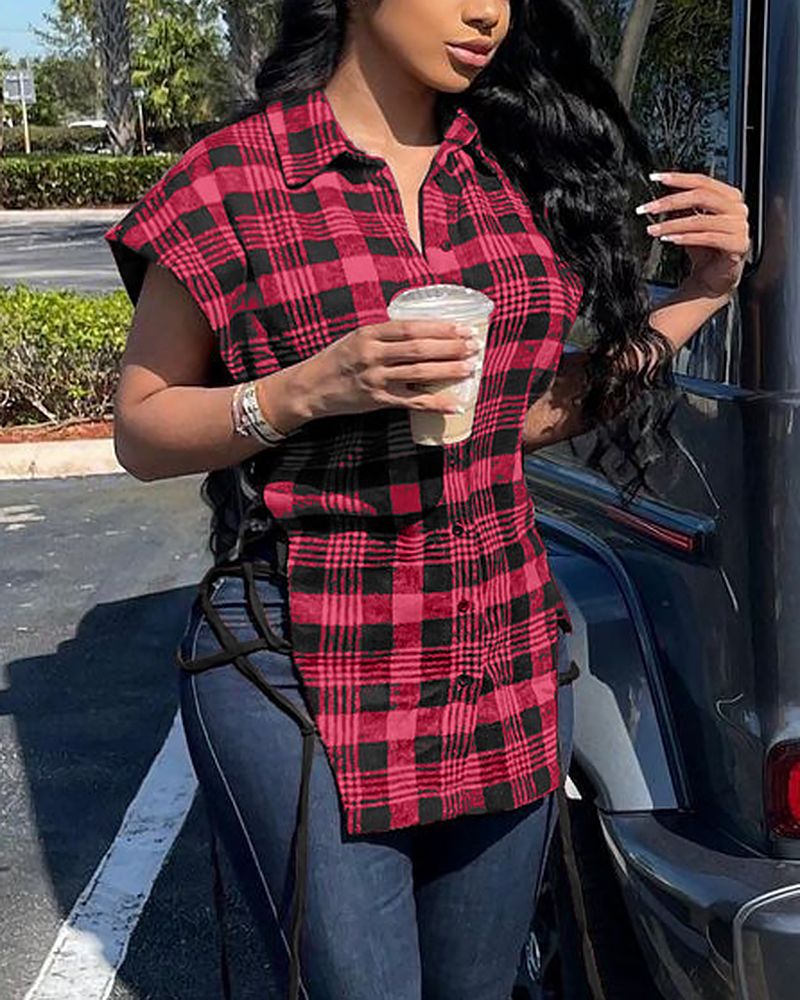 Plaid Lace Up Side Button Front Shirt gallery 1