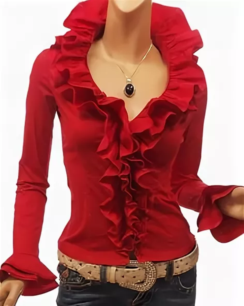 Solid Ruffle Trim V Neck Blouse gallery 1