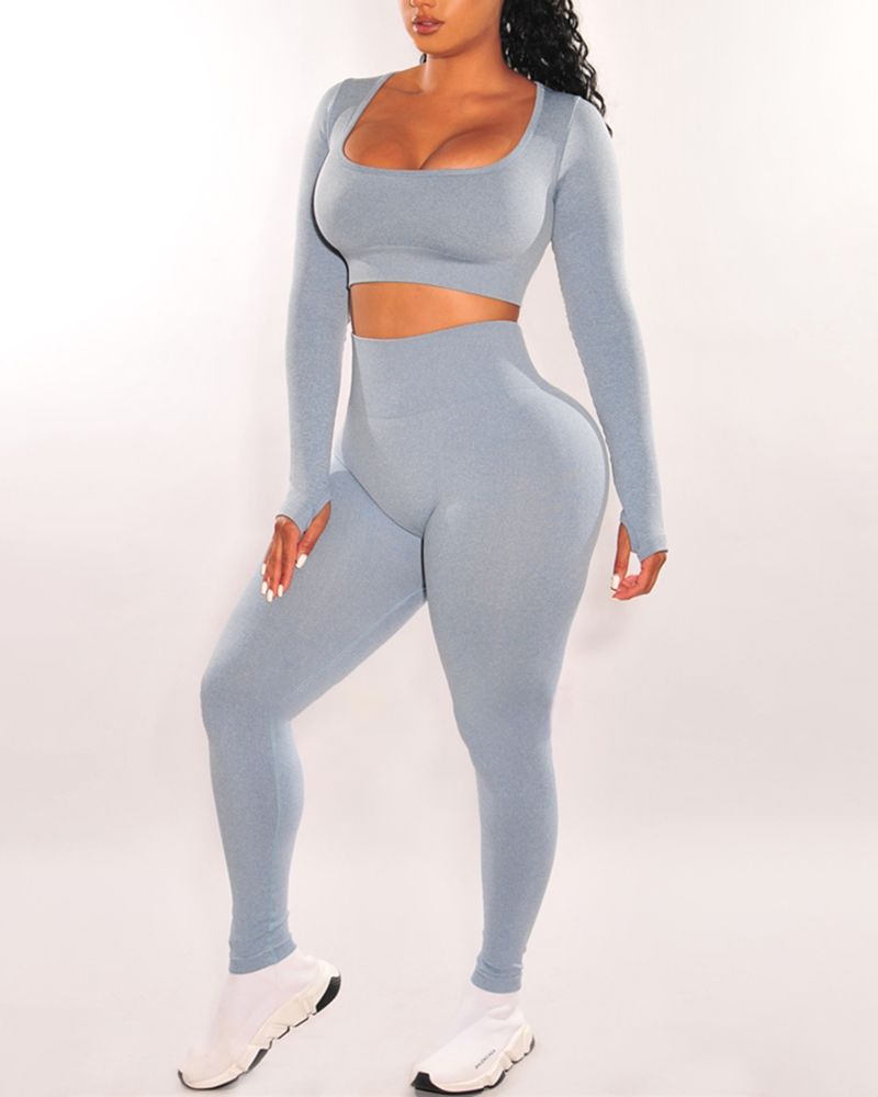 Solid Thumb Hole Square Neck Crop Sports Top & Leggings Set gallery 1