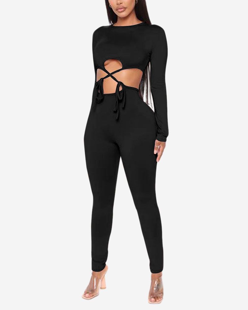 Tie Front Cut Out Criss Cross Long Sleeve Jumpsuit gallery 1