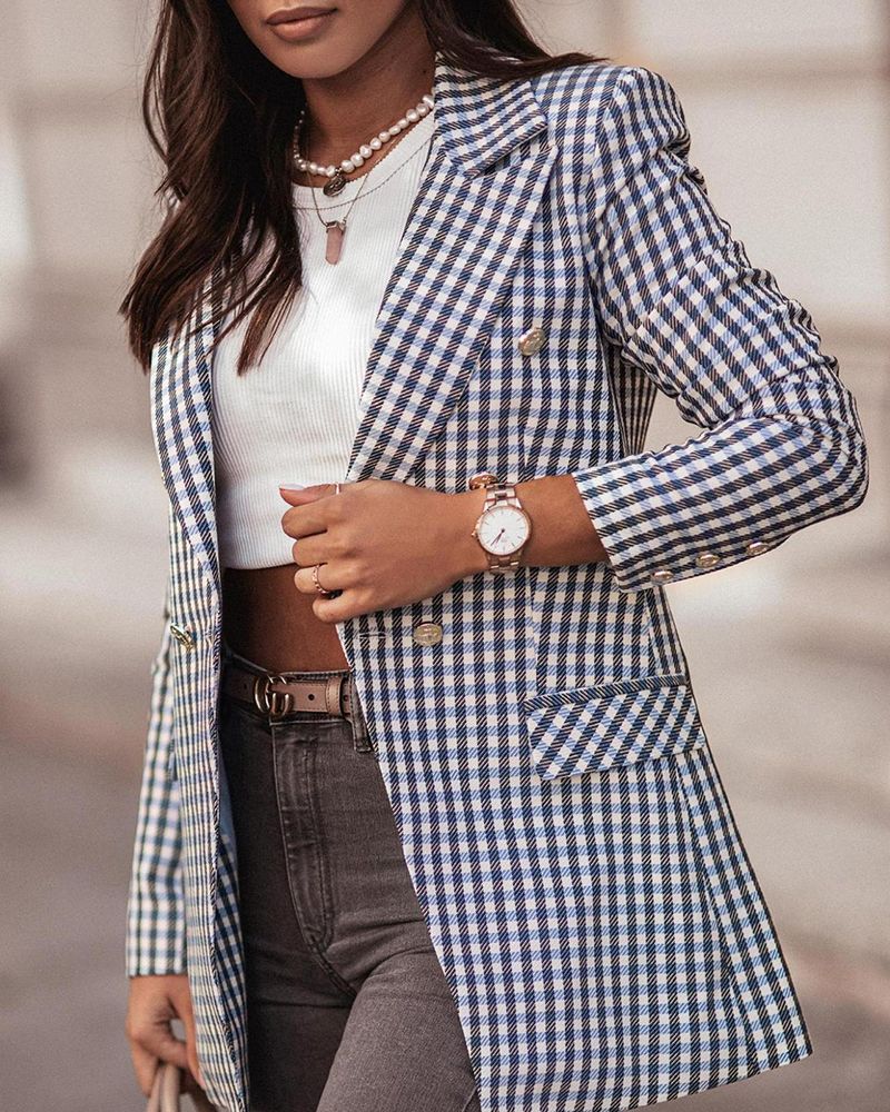 Plaid Print Double Breasted Blazer gallery 1
