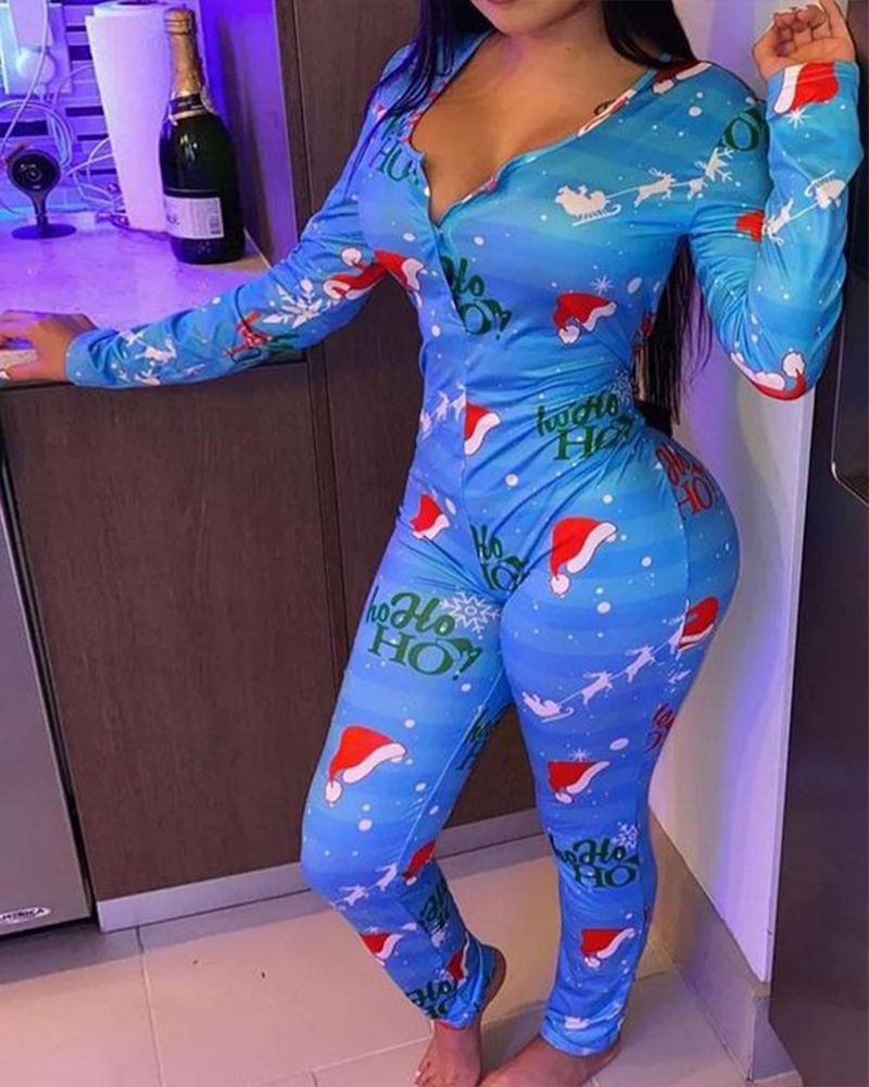 Christmas Print Button Front Long Sleeve Jumpsuit gallery 1