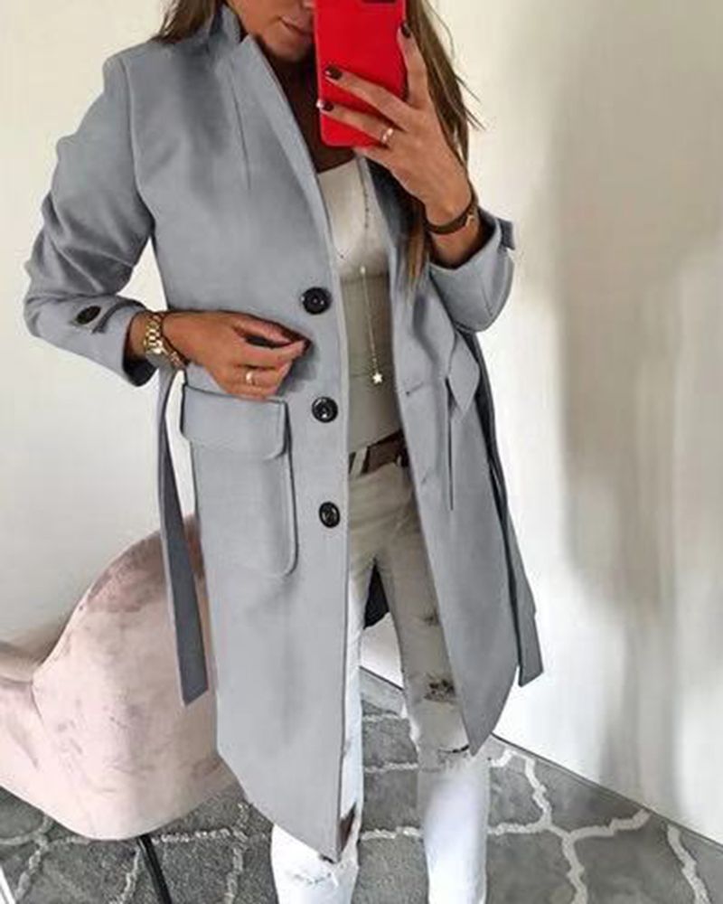 Solid Flap Pocket Single Breasted Lapel Neck Coat gallery 1