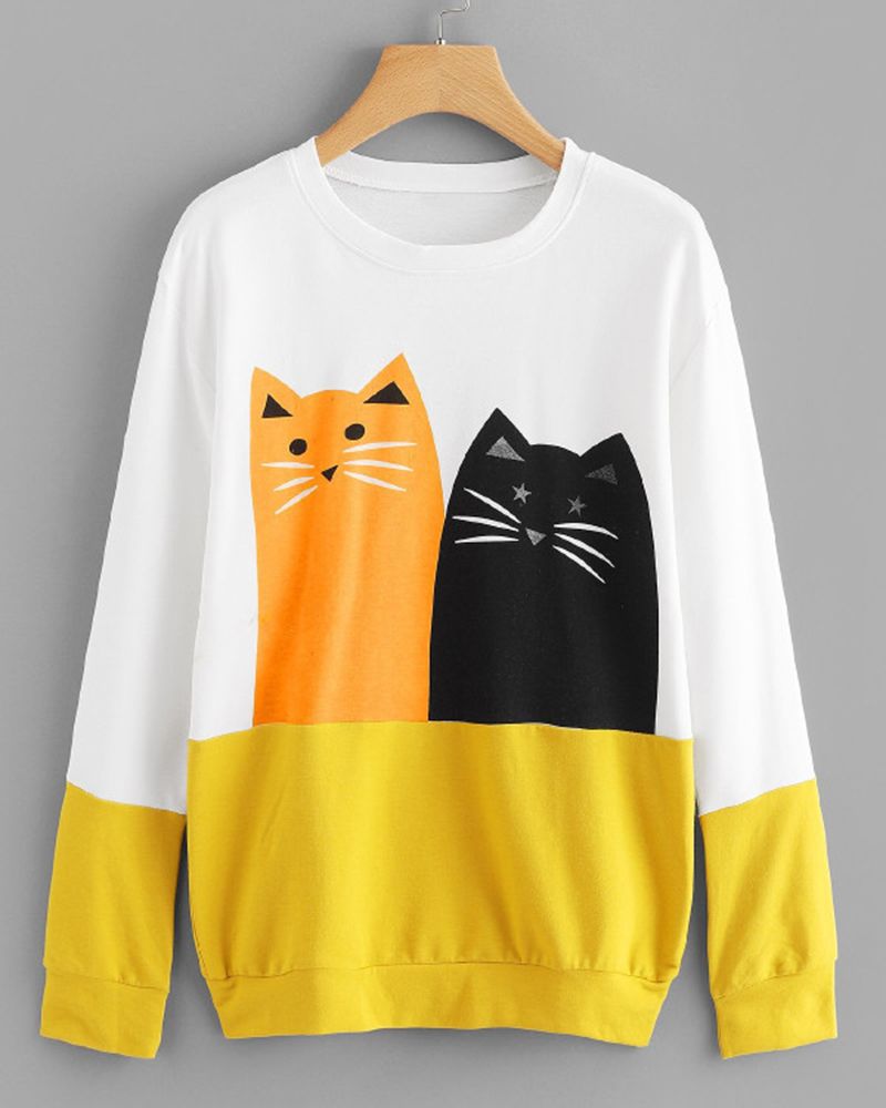 Colorblock Cat Print Drop Shoulder Round Neck Sweatshirt gallery 1