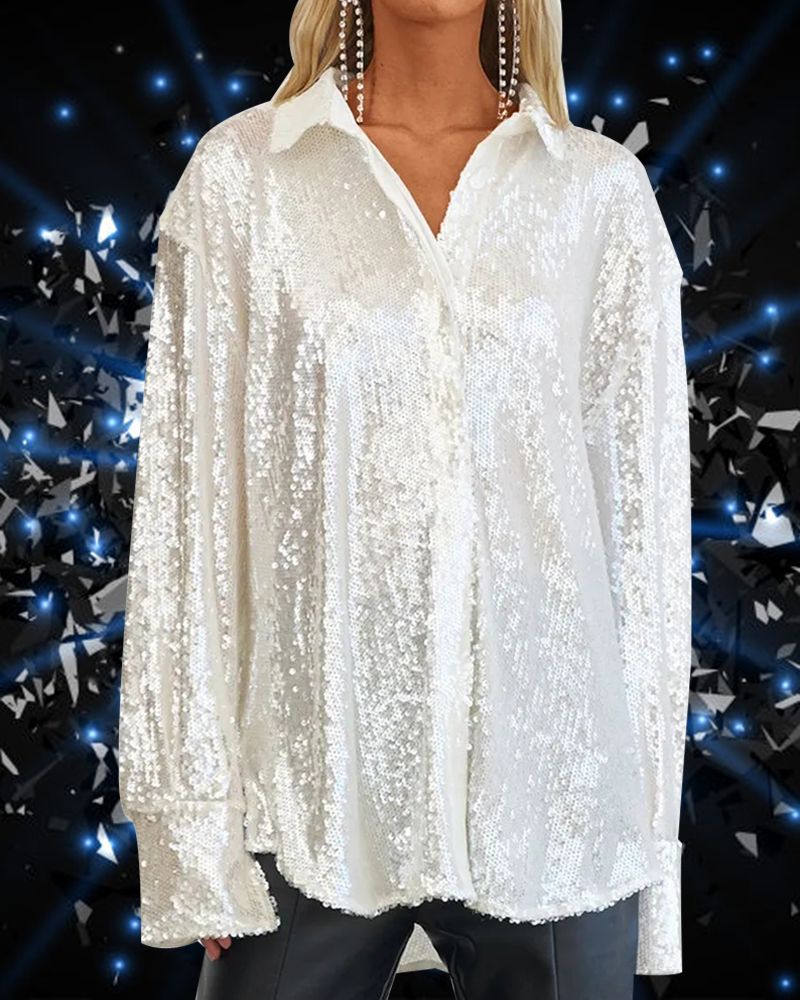 Sequins Decor Button Up Long Sleeve Blouse gallery 1