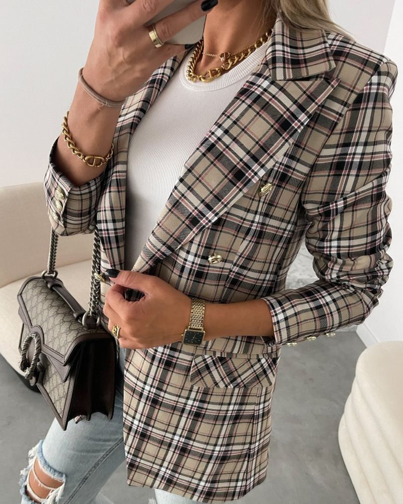 Plaid Print Double Breasted Lapel Detail Blazer  gallery 1