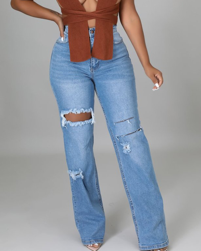 Distressed Zip Fly Button Front High Waist Jeans gallery 1