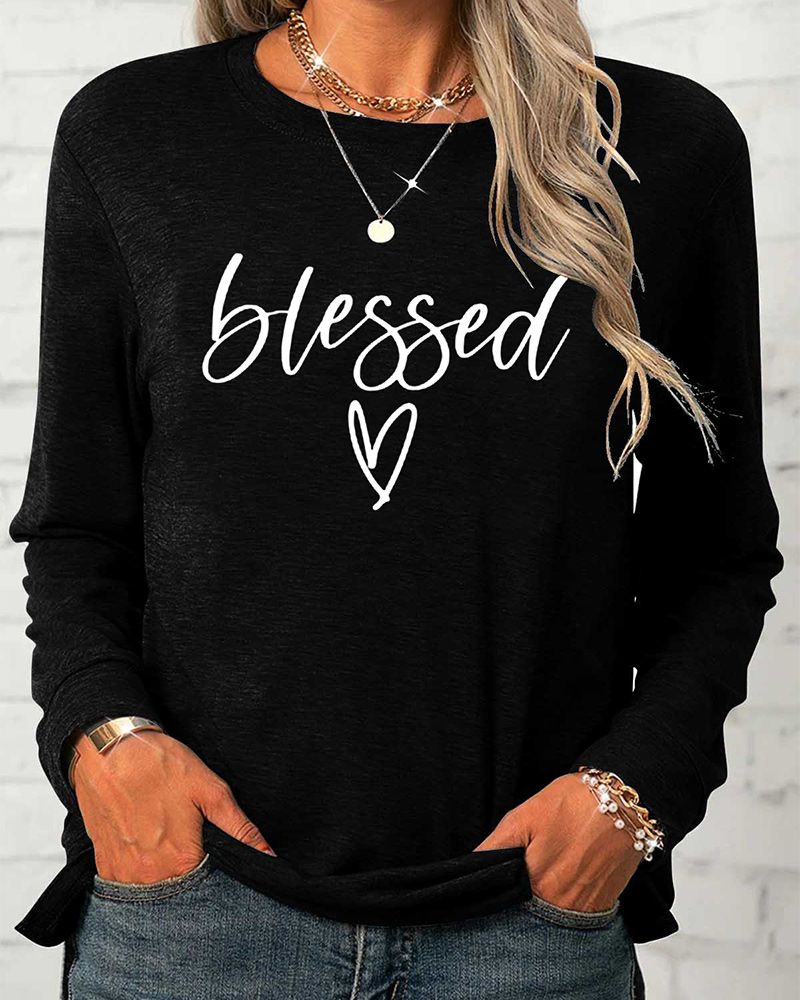 Letter & Heart Print Round Neck Long Sleeve T-Shirt gallery 1
