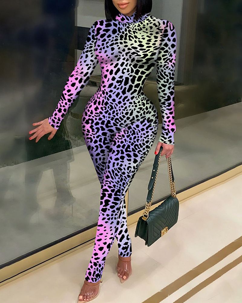 Leopard Print Form Fitted Mock Neck Jumpsuit gallery 1