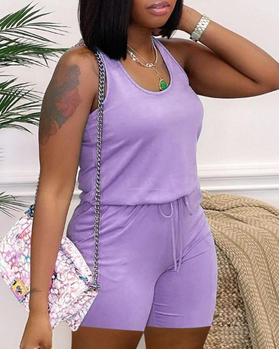 Solid Drawstring Waist Sleeveless Tank Romper - Email Only gallery 1