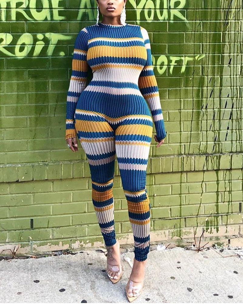 Colorblock Cut Out Back Long Sleeve Skinny Jumpsuit gallery 1