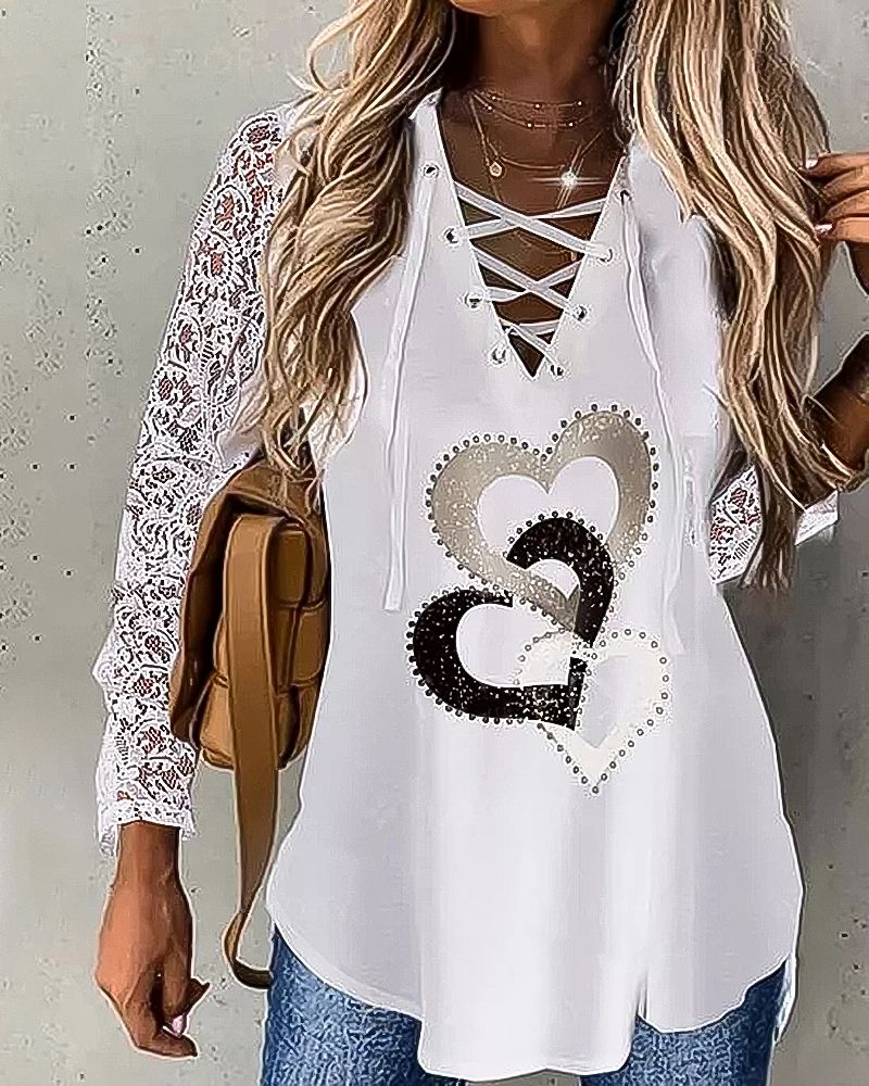 Heart Print Lace Up Floral Lace Sleeve Blouse gallery 1