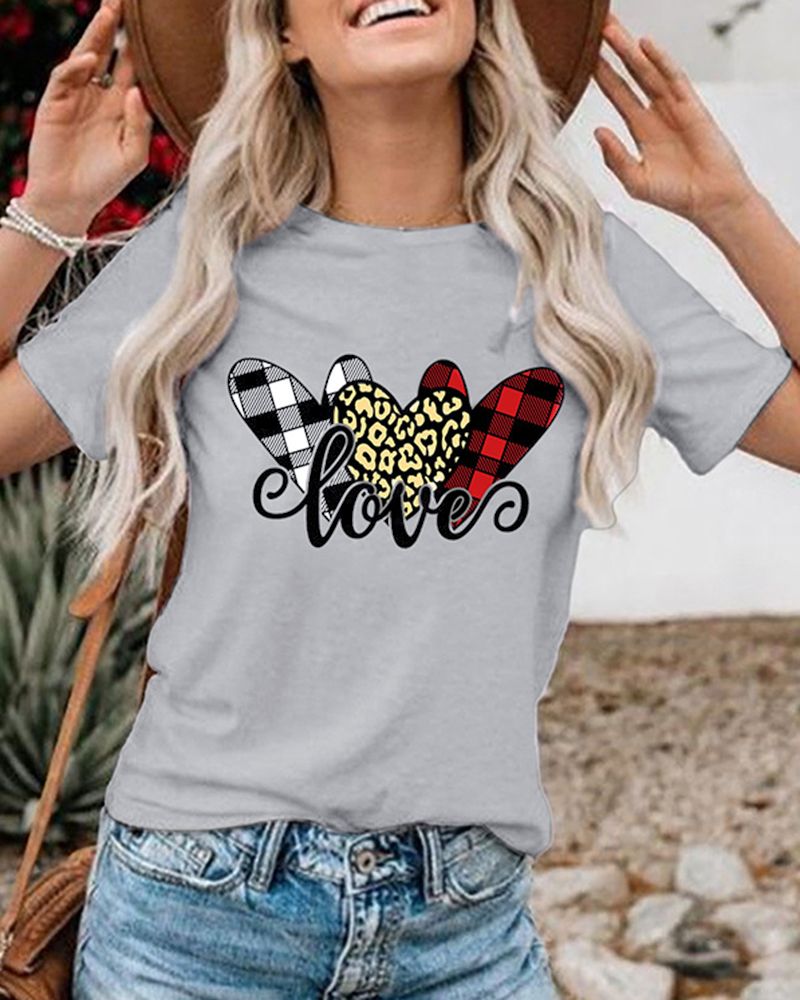 Plaid Heart & Letter Print Round Neck T-shirt gallery 1