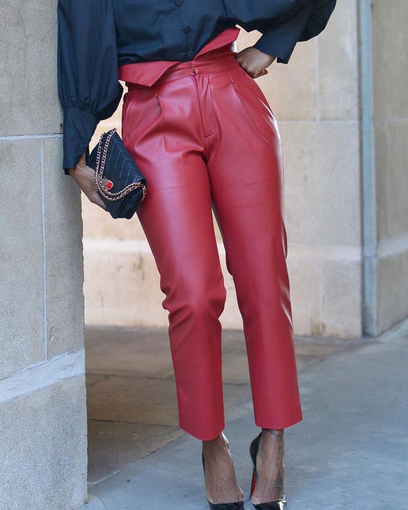 Fold Over Waist Zip Fly PU Leather Pants gallery 1