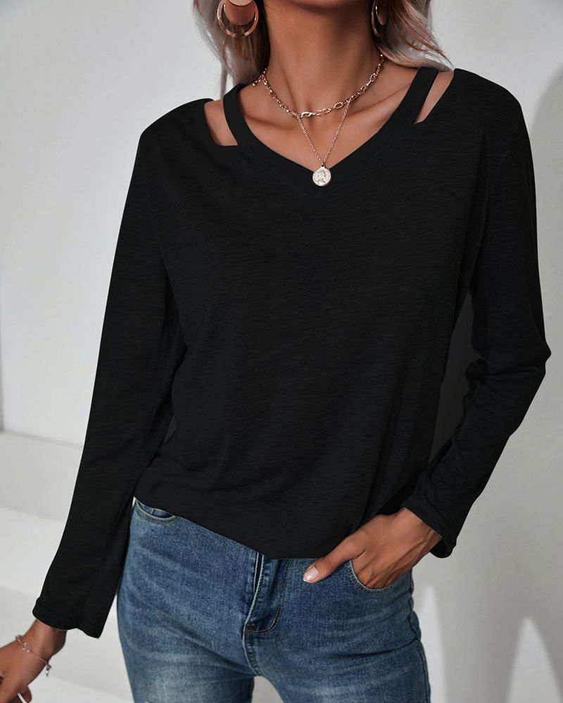 Cut Out V Neck Long Sleeve T-Shirt gallery 1