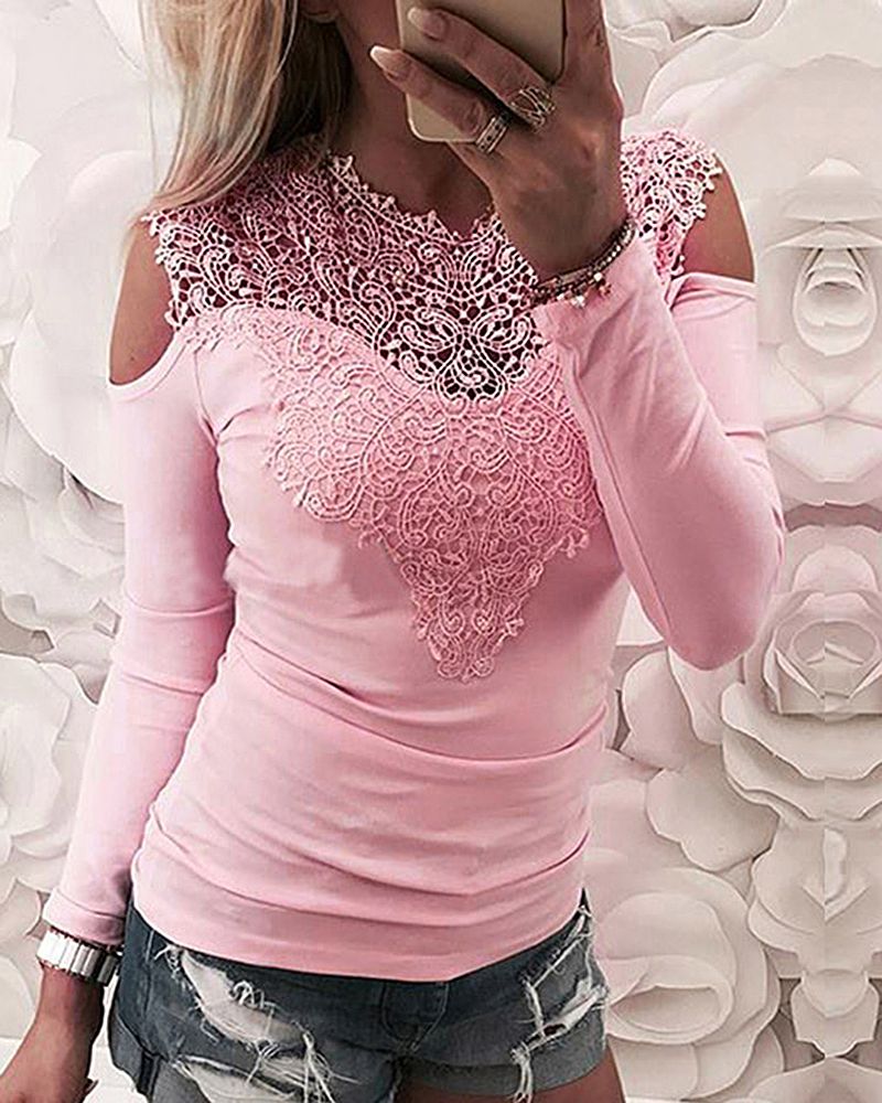 Solid Contrast Lace Cold Shoulder Long Sleeve Blouse gallery 1