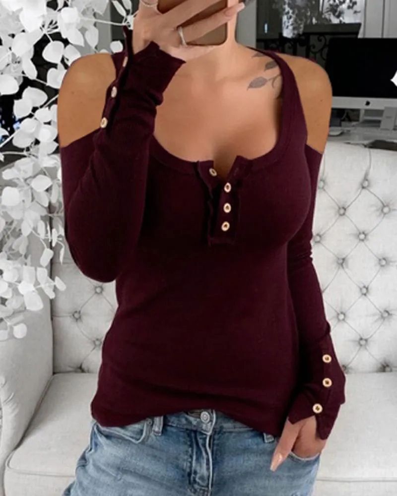 Solid Rib-Knit Button Decor Cold Shoulder Tee gallery 1