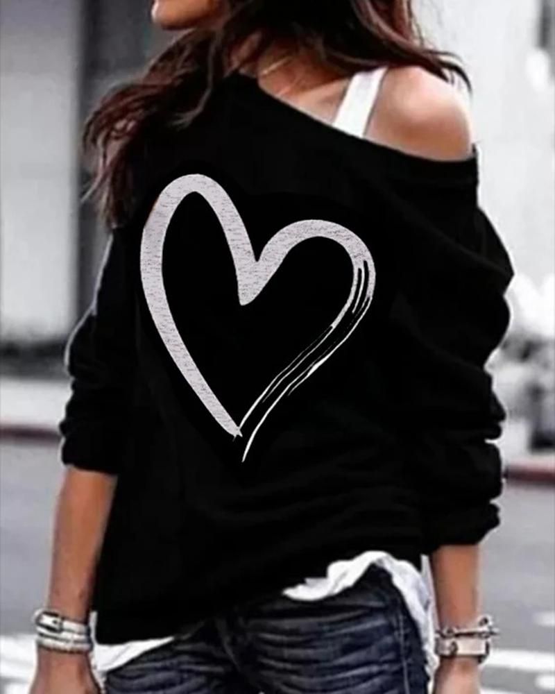 Heart Print One Shoulder Long Sleeve Sweatshirt gallery 1