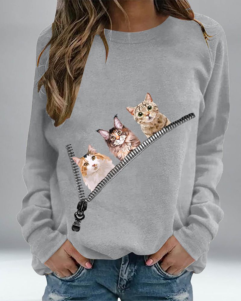 Cat &Zipper Print Raglan Sleeve Round Neck Sweatshirt gallery 1