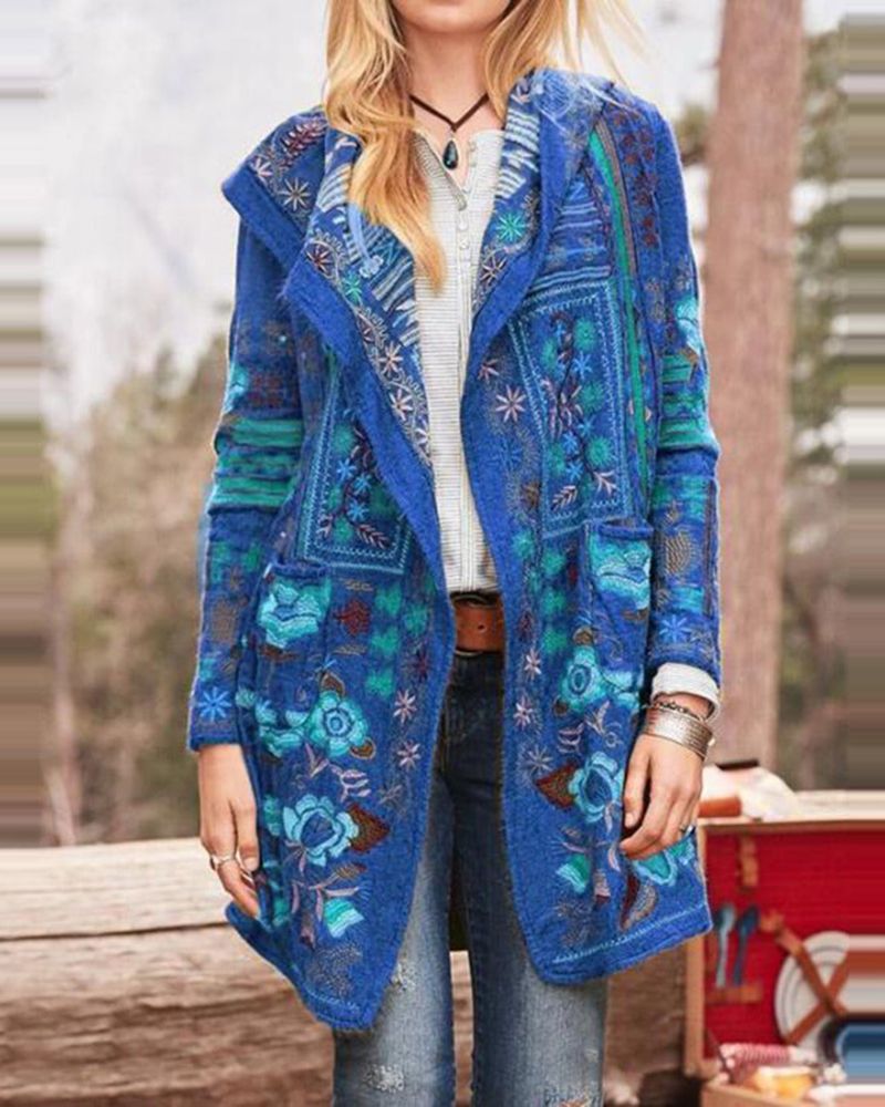 Floral Print Patch Pocket Hooded Coat gallery 1