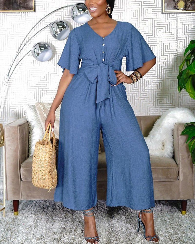 Solid Tie Front Button Up Wide Leg Jumpsuit gallery 1