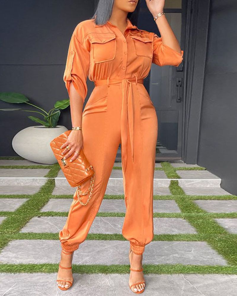 Flamingo Solid Belted Pocket Detail Button Up Roll Tab Shirt Jumpsuit 