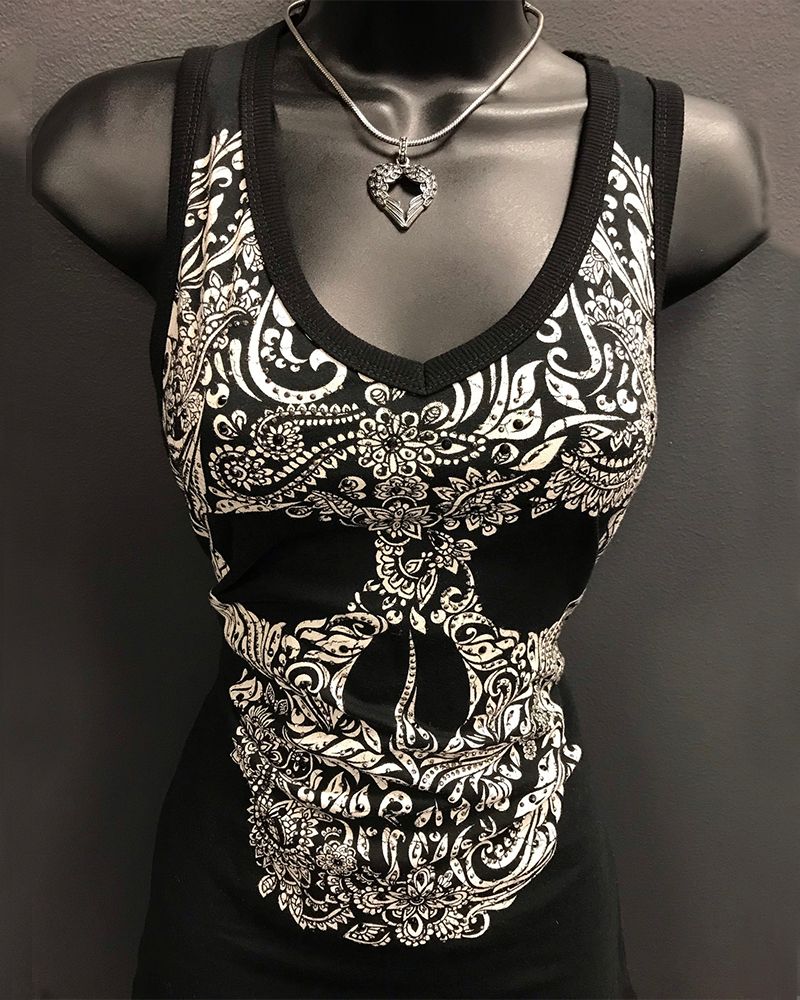 Skull Pattern Cut Out Back Tank Top gallery 1