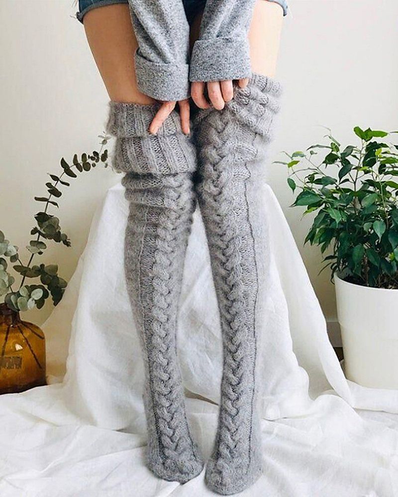Solid Cable Knit Fluffy Over The Knee Socks gallery 1