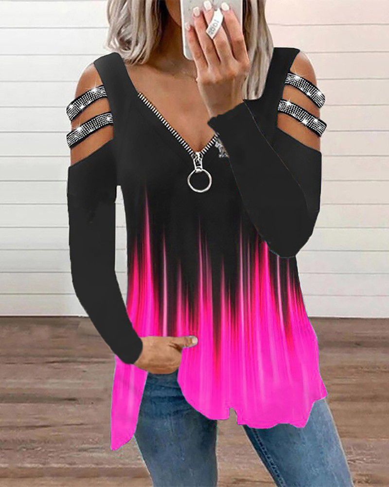 Rhinestone Decor Ombre Cut Out Zip Front Blouse gallery 1