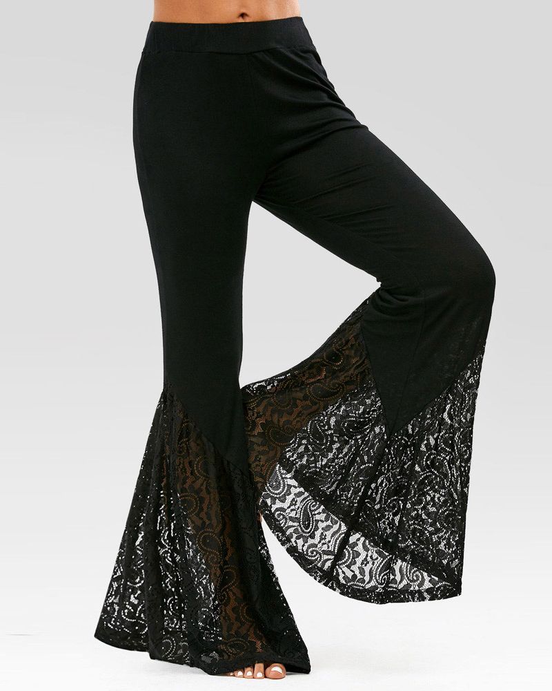 Solid Contrast Lace High Waist Flare Pants gallery 1