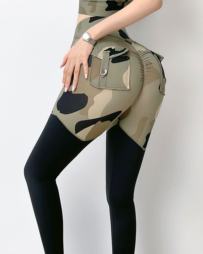 Camo Colorblock Buttoned Pocket Back Ruched Butt Sports Leggings gallery 1