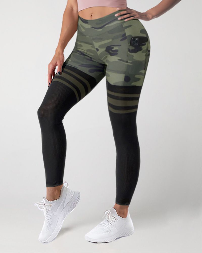 Camo Colorblock Wide Waistband Sports Leggings gallery 1