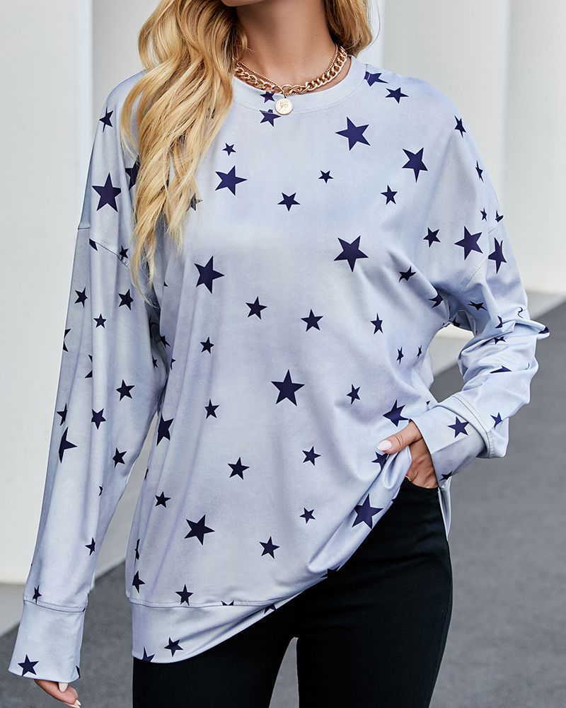 Allover Star Print Long Sleeve Round Neck T-Shirt gallery 1