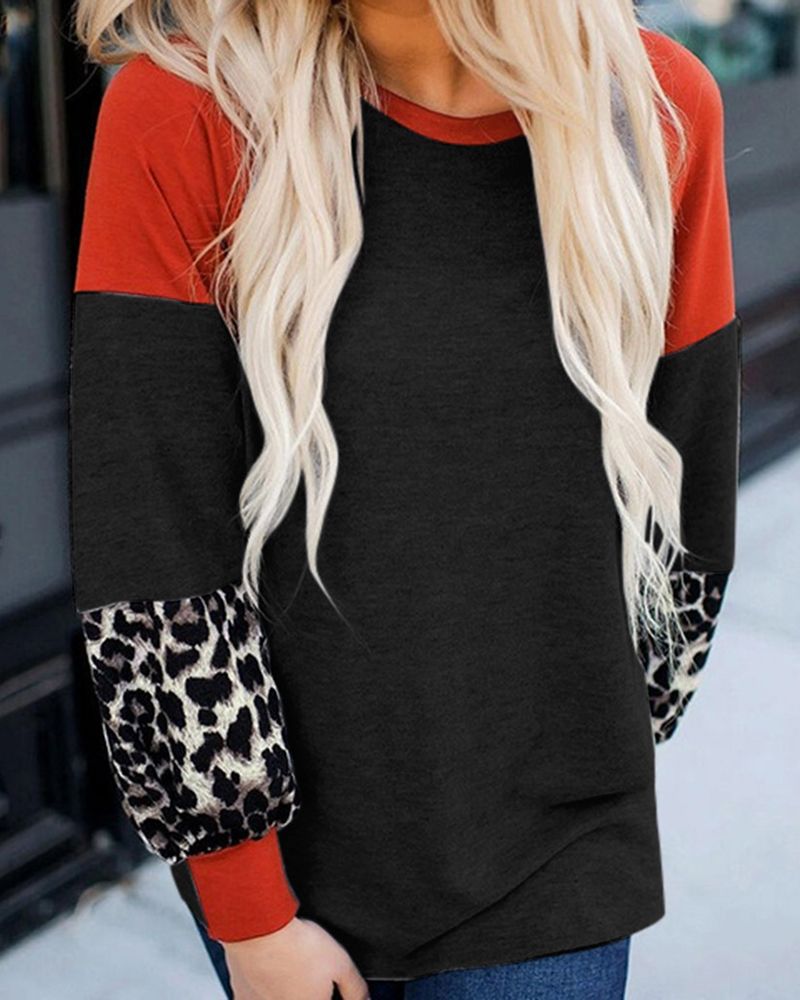 Leopard Colorblock Long Sleeve Round Neck T-Shirt gallery 1