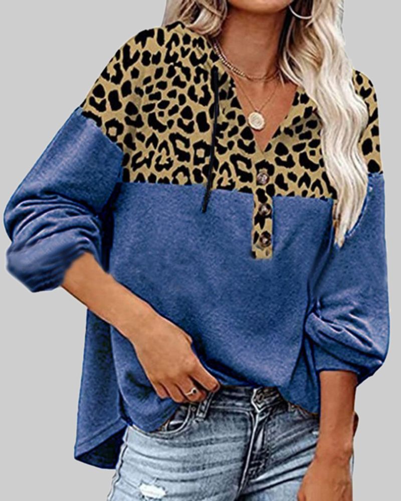 Leopard Print Button Front Drawstring Hooded Blouse gallery 1